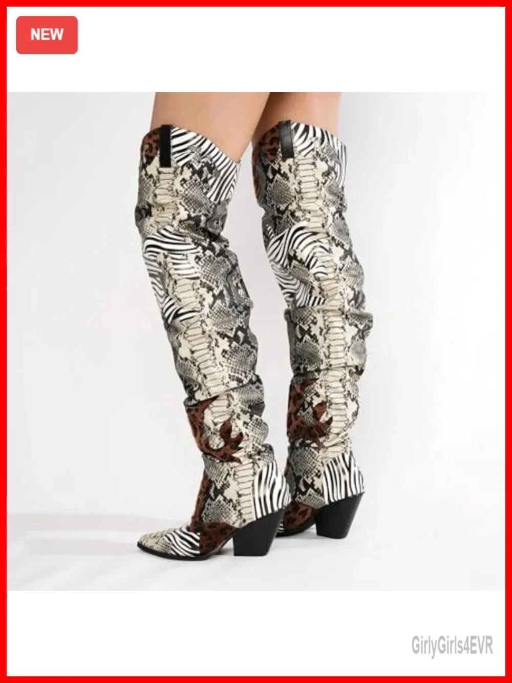 Thigh High Cowboy Boots with Chunky Heel - Faux Snakeskin Western Booties for